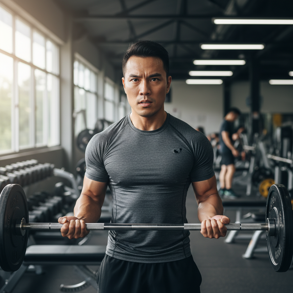 Asian man in his early 30s smiling, fitness lifestyle aesthetic