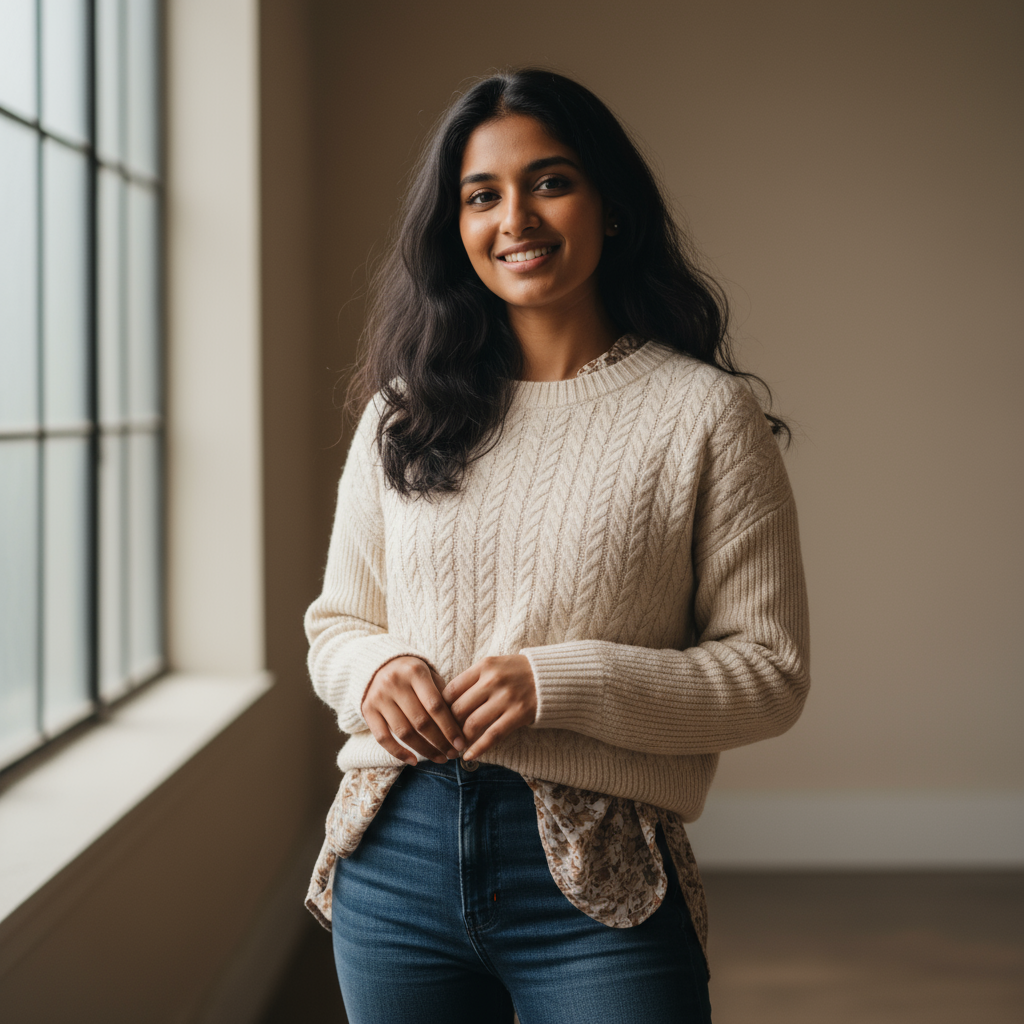 South Asian woman smiling at camera, professional yet approachable look