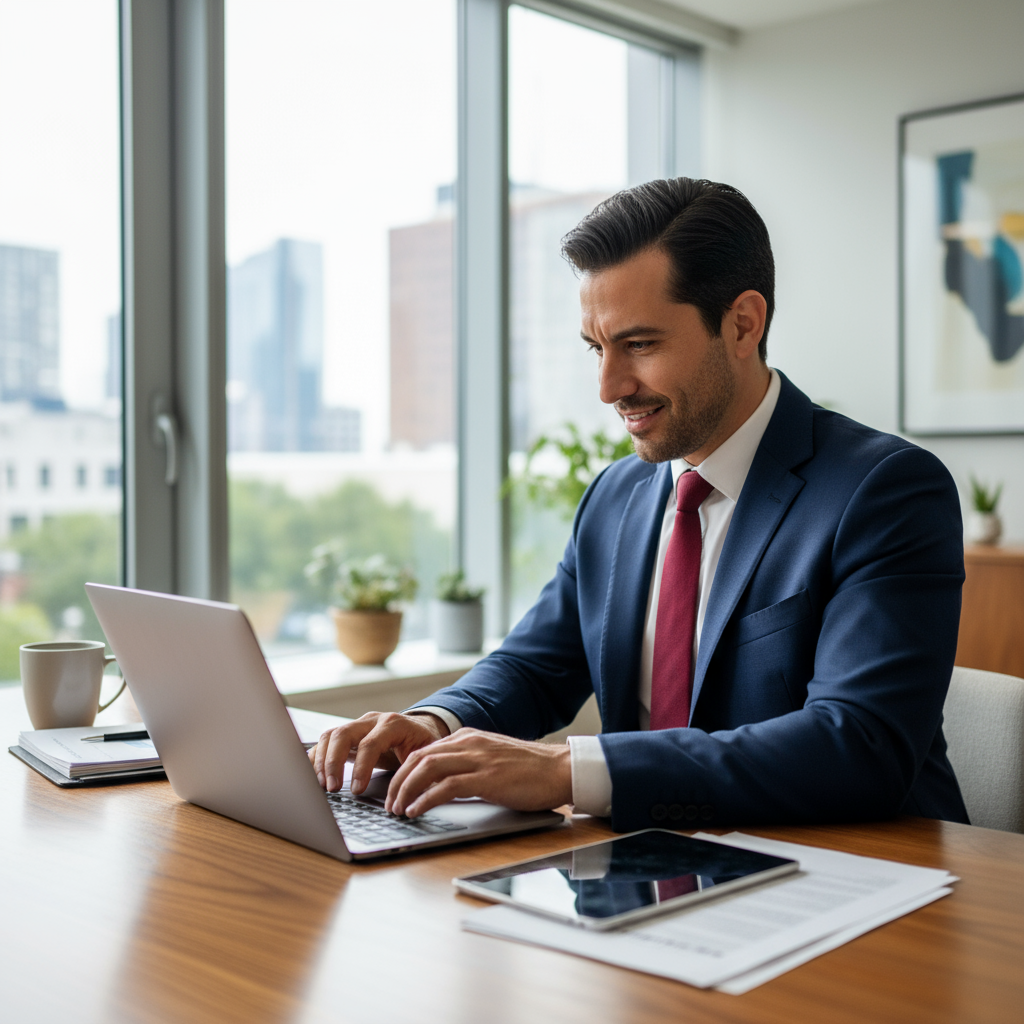 Hispanic man in his 30s with a friendly smile, casual home office background