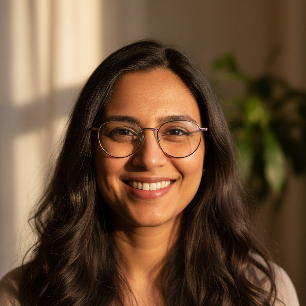 South Asian woman smiling at camera, professional yet approachable look